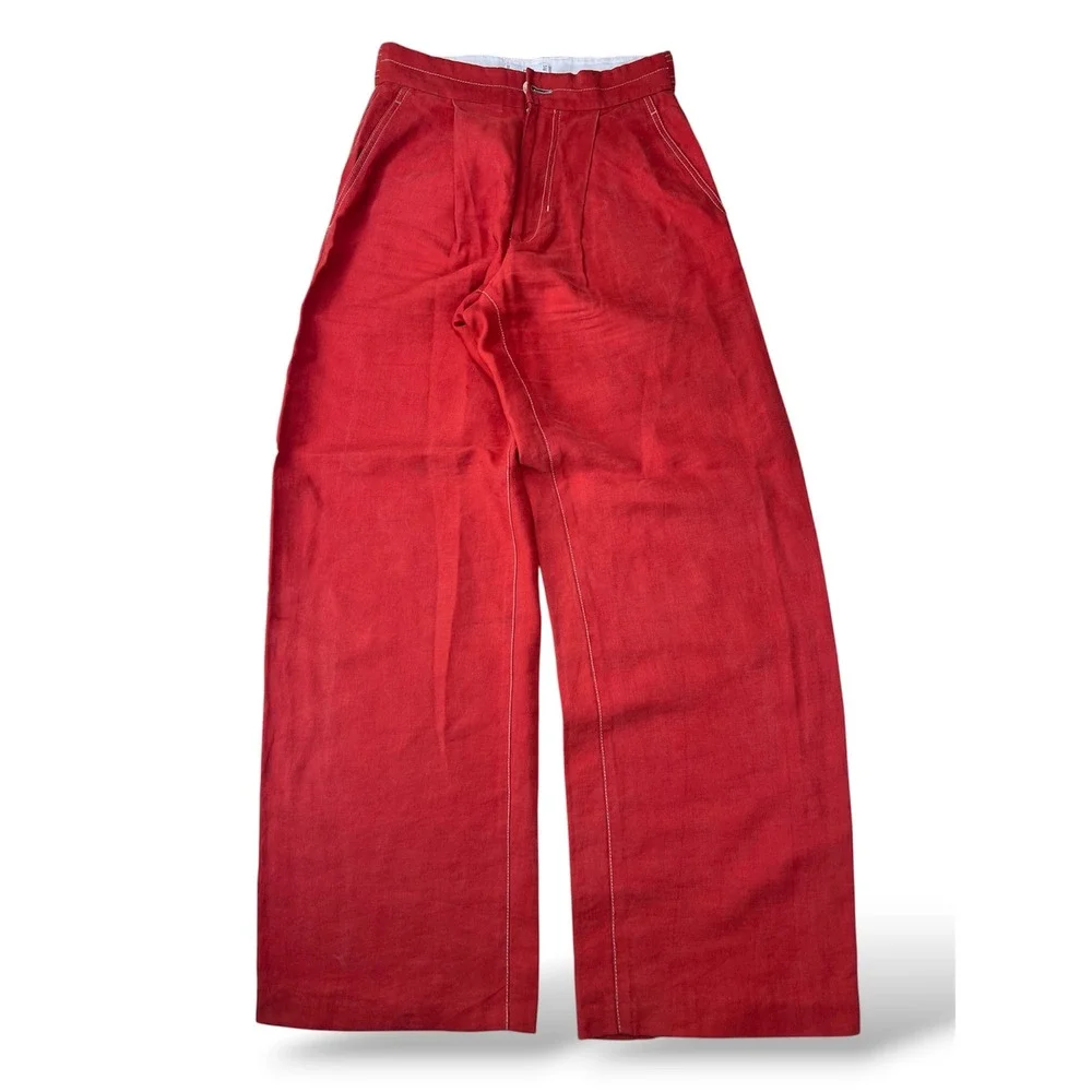 Mango MNG Suit Red Wide Leg High Rise Contrast Stitch Trousers Pants Womens 2